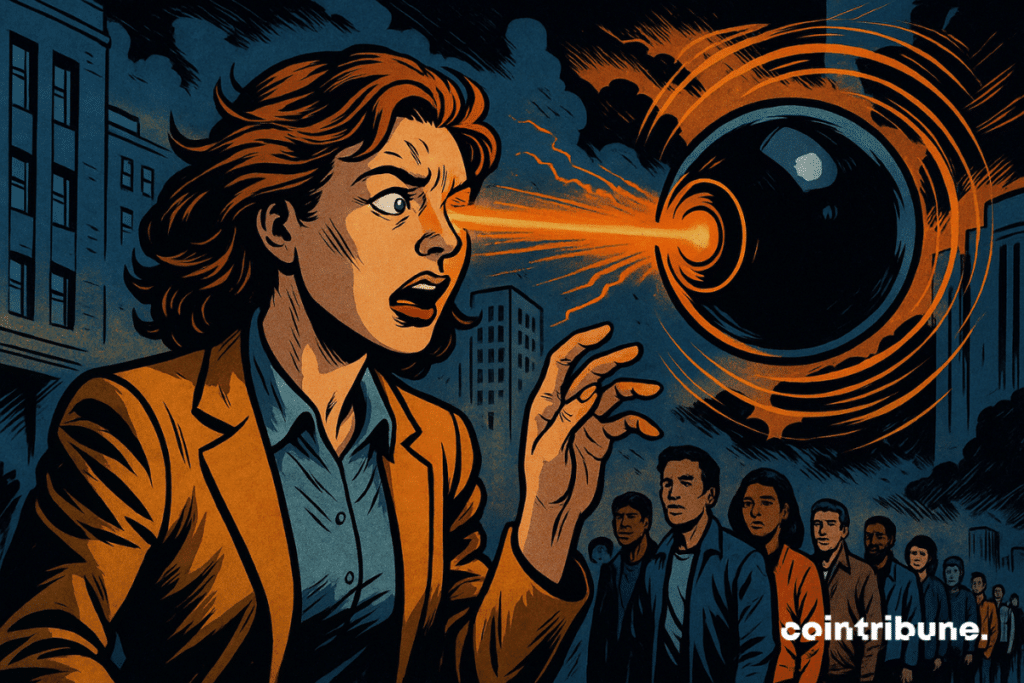 Uma mulher tem sua íris escaneada por um orbe