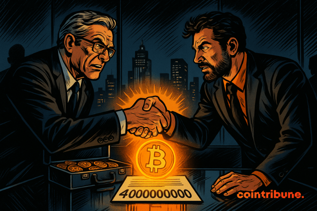 Two men in suits shake hands in front of a briefcase of Bitcoins and a contract marked "4000000000," creating a dramatic atmosphere.
