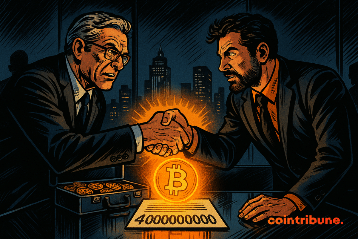 Dos hombres de traje se dan la mano frente a un maletín con bitcoins y un contrato marcado "4000000000", creando una atmósfera dramática.
