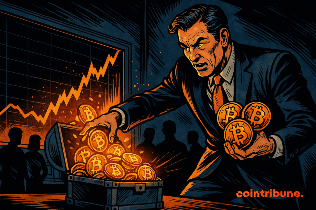 Un homme d'affaires énergique, accumulant des Bitcoins dans un coffre, avec un graphique en hausse en arrière-plan.