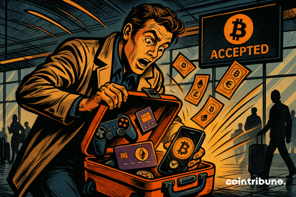 Voyageur stupéfait découvre sa valise remplie d’objets crypto, dans un aéroport futuriste affichant "Bitcoin Accepted", ambiance dynamique rétro.