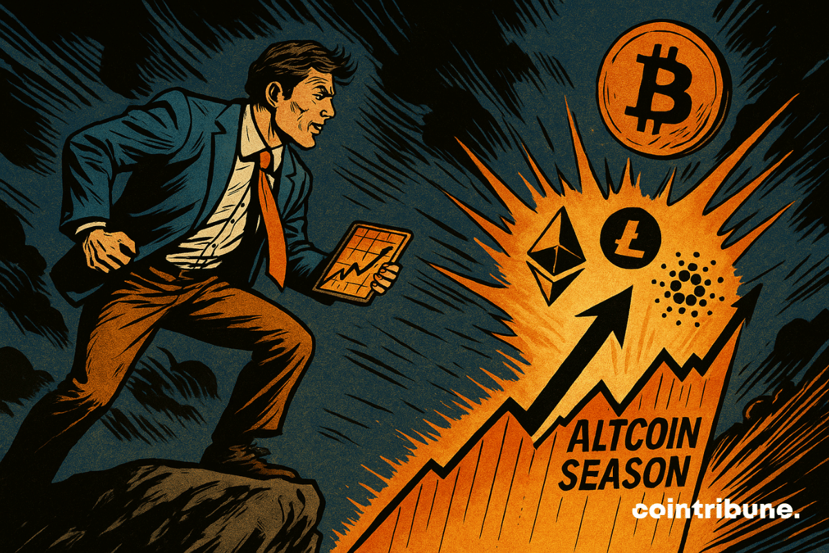 A victorious trader on a rock, holding a tablet displaying a rise in altcoins, with Bitcoin in the dark sky.