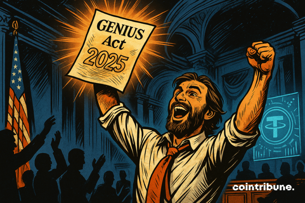 Homme barbu euphorique brandit un document "GENIUS Act 2025", lumière orange éclatante, foule applaudissante, drapeau américain, ambiance triomphale.