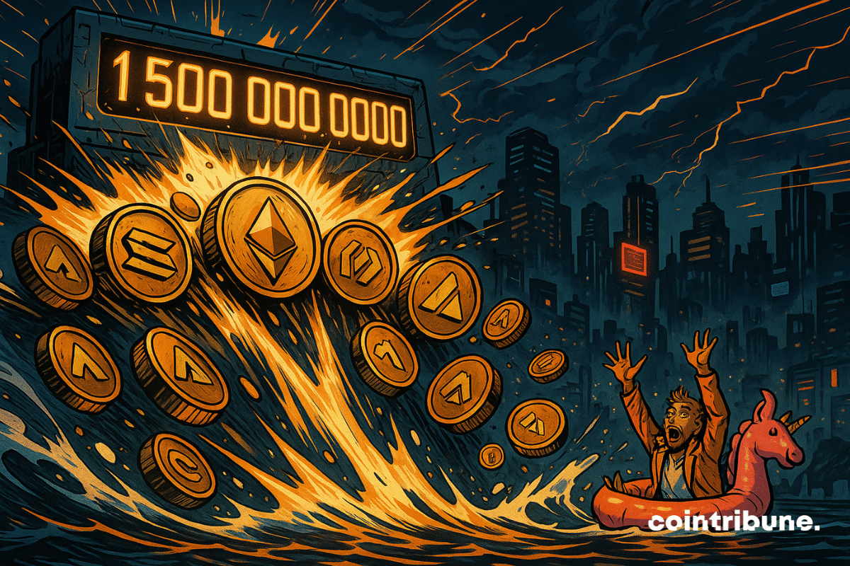 A technological dam, resembling a wall of data and electronic components cracking under pressure, is exploding. A massive digital counter reading “1,500,000,000,000” is embedded at the top of the dam. The structure breaks apart, unleashing a torrential wave of altcoins.