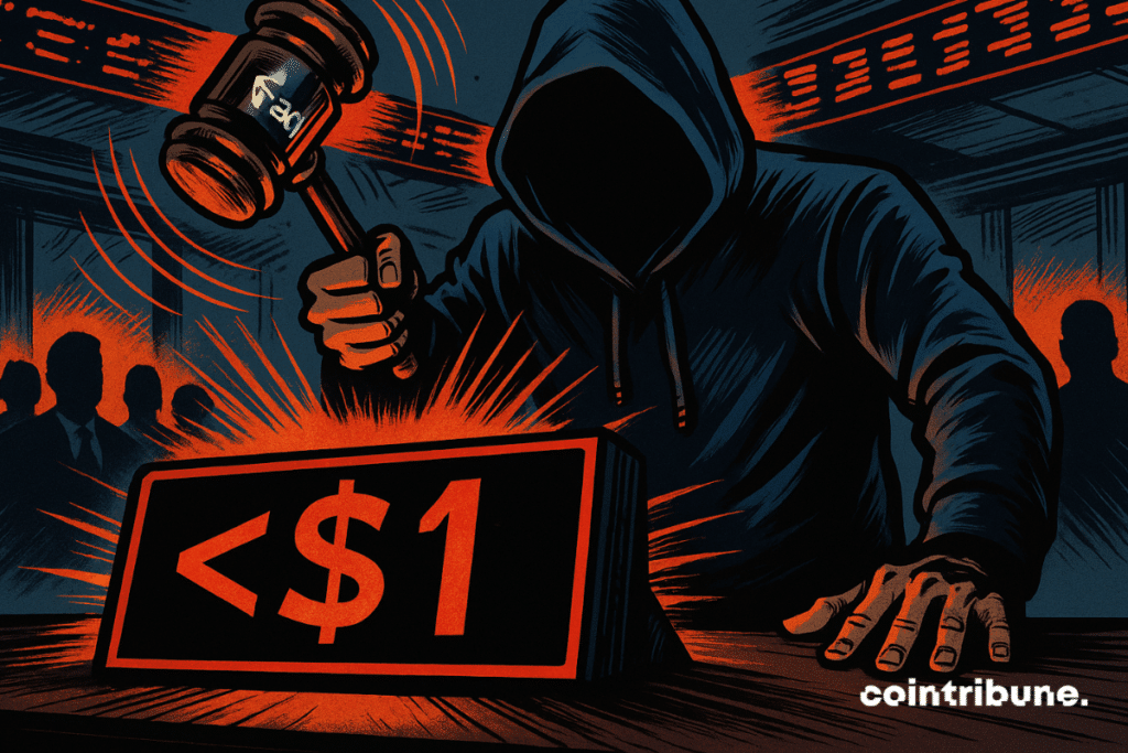 Hooded figure with gavel and "