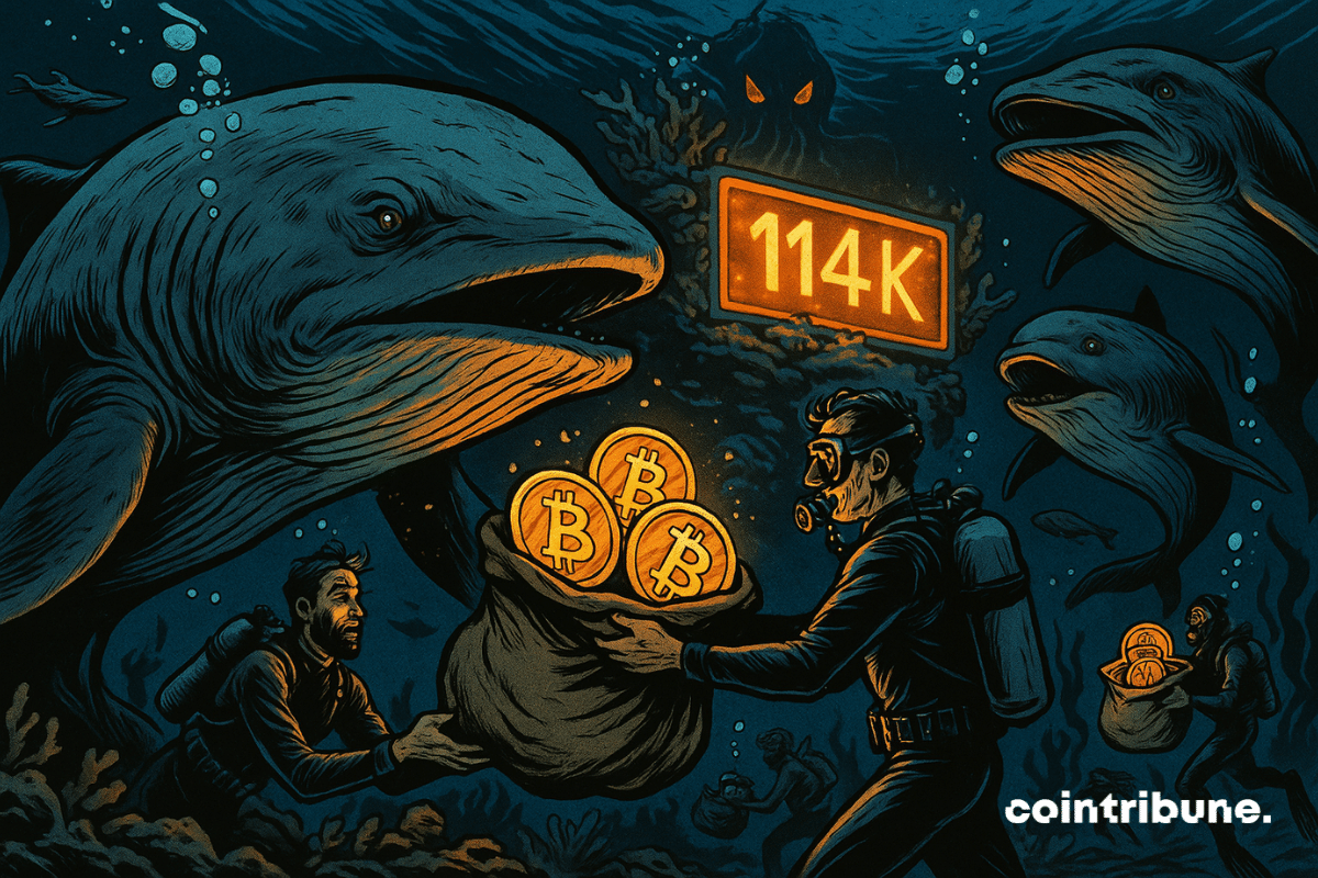 Ballenas gigantes intercambian bolsas brillantes de Bitcoin con buzos bajo un cartel "114K" en un mercado submarino surrealista.