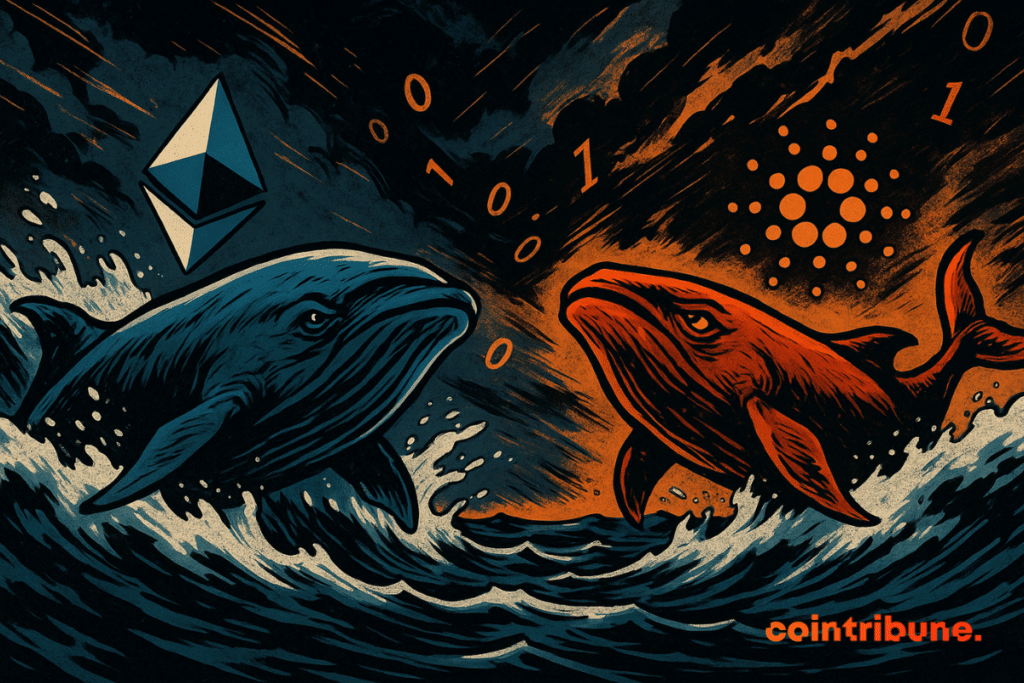 Two whales symbolizing Ethereum and Cardano clash in rough seas, surrounded by numbers and cryptographic logos.