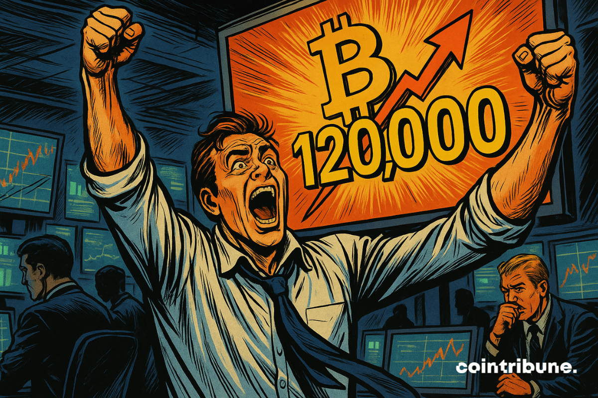 A euphoric trader raises his arms in front of a screen displaying “Bitcoin 120,000”, an electric atmosphere in a trading room.