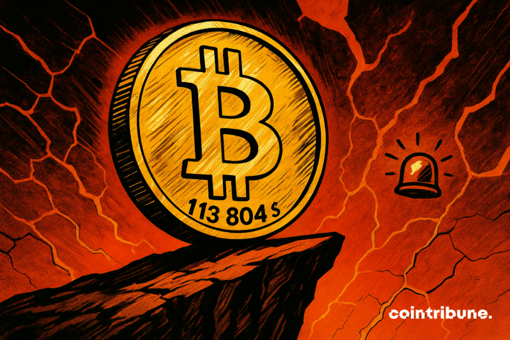 A gigantic Bitcoin coin teeters on the edge of a glowing precipice, posting 3,804, under a threatening alarm.
