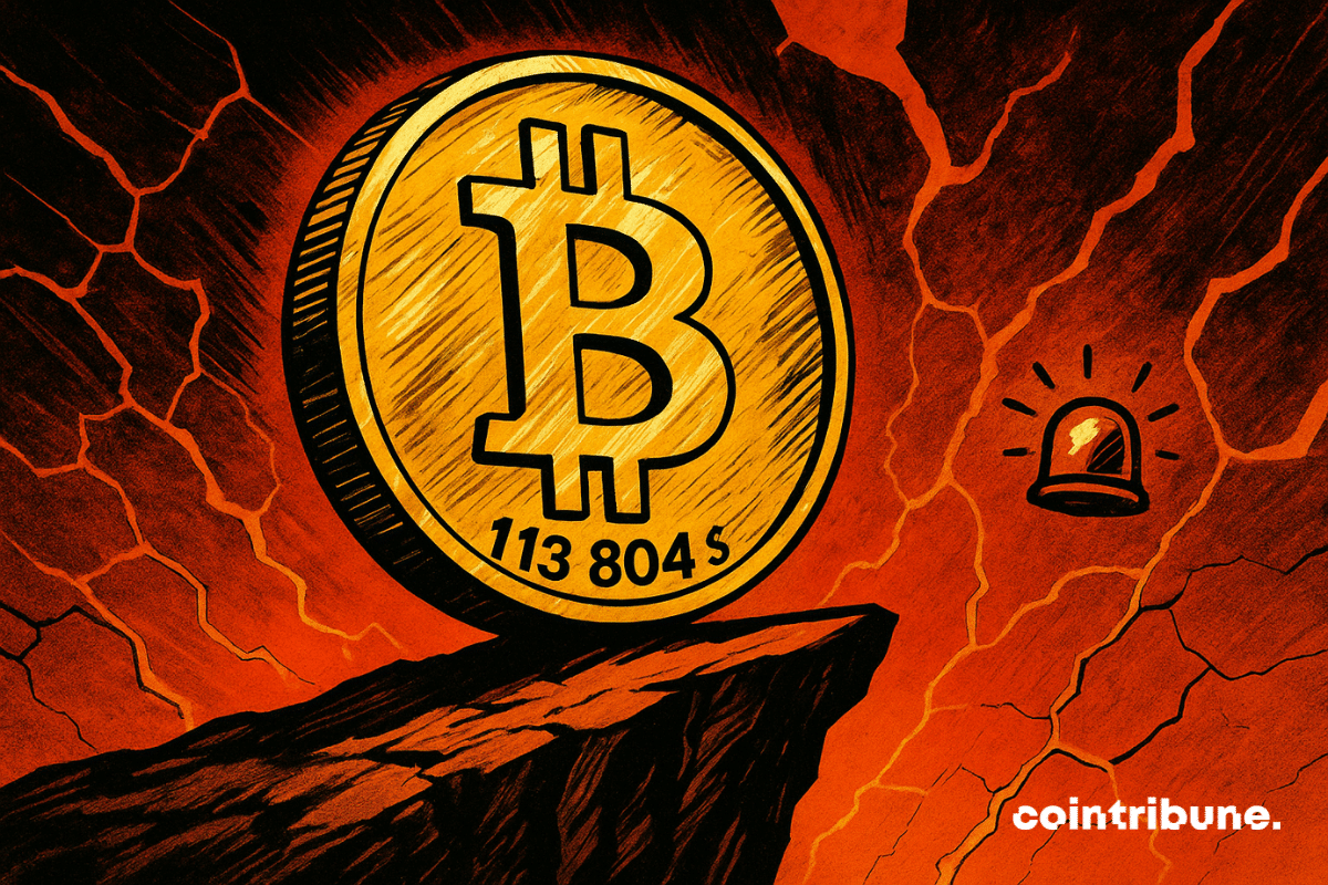 Uma gigantesca moeda de Bitcoin oscila à beira de um precipício brilhante, registrando US$ 113.804, sob um alarme ameaçador.