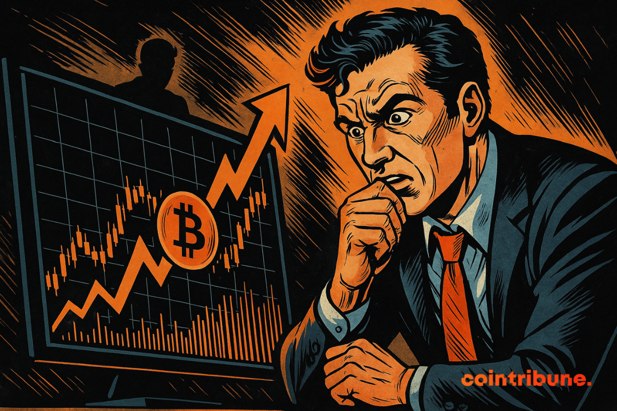Un analyste financier concentré examine un graphique Bitcoin dynamique, avec une flèche montante, dans une ambiance de suspense.