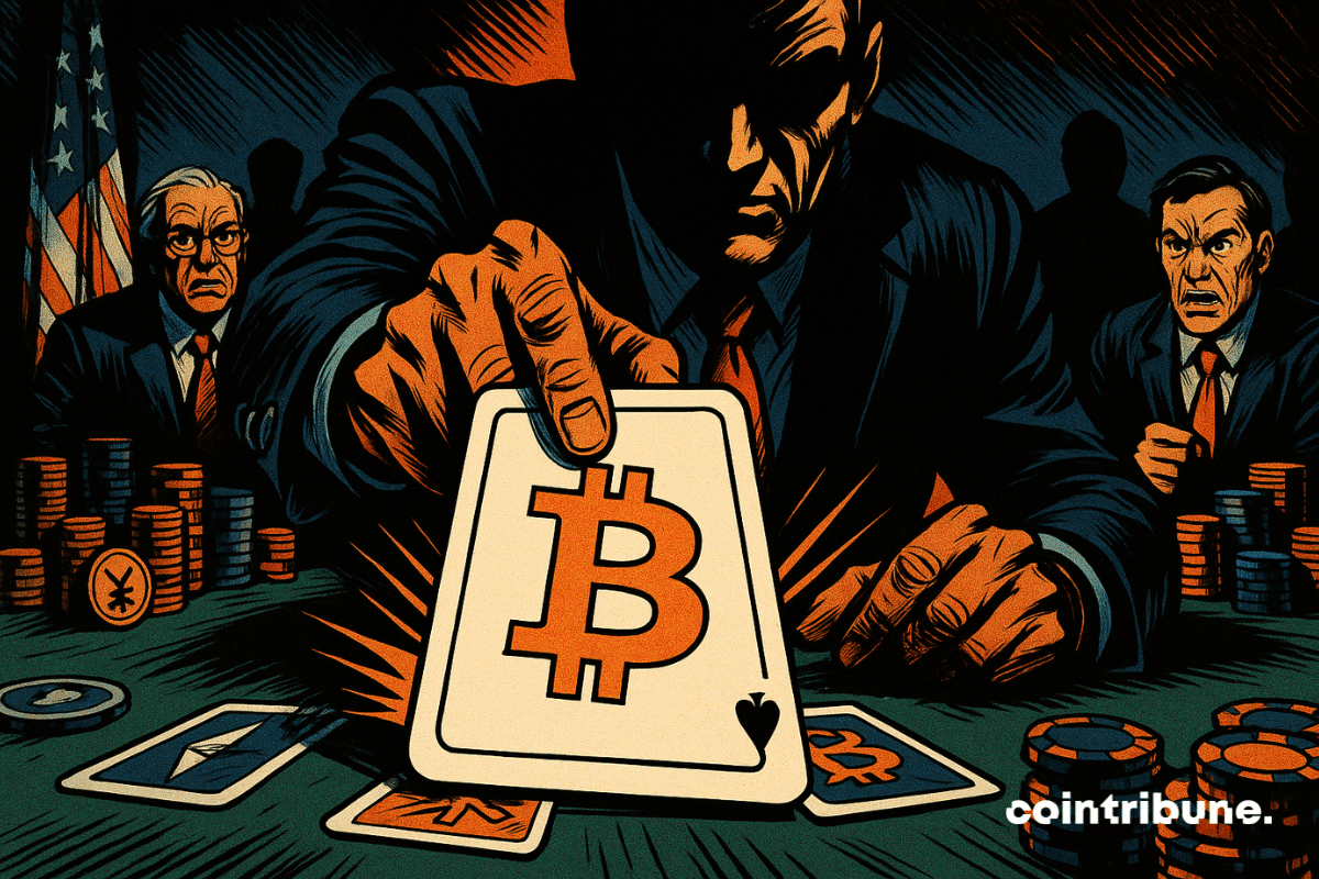 Un hombre juega una carta de Bitcoin en una mesa de póquer, impactando a figuras institucionales en el fondo, creando una atmósfera dramática.
