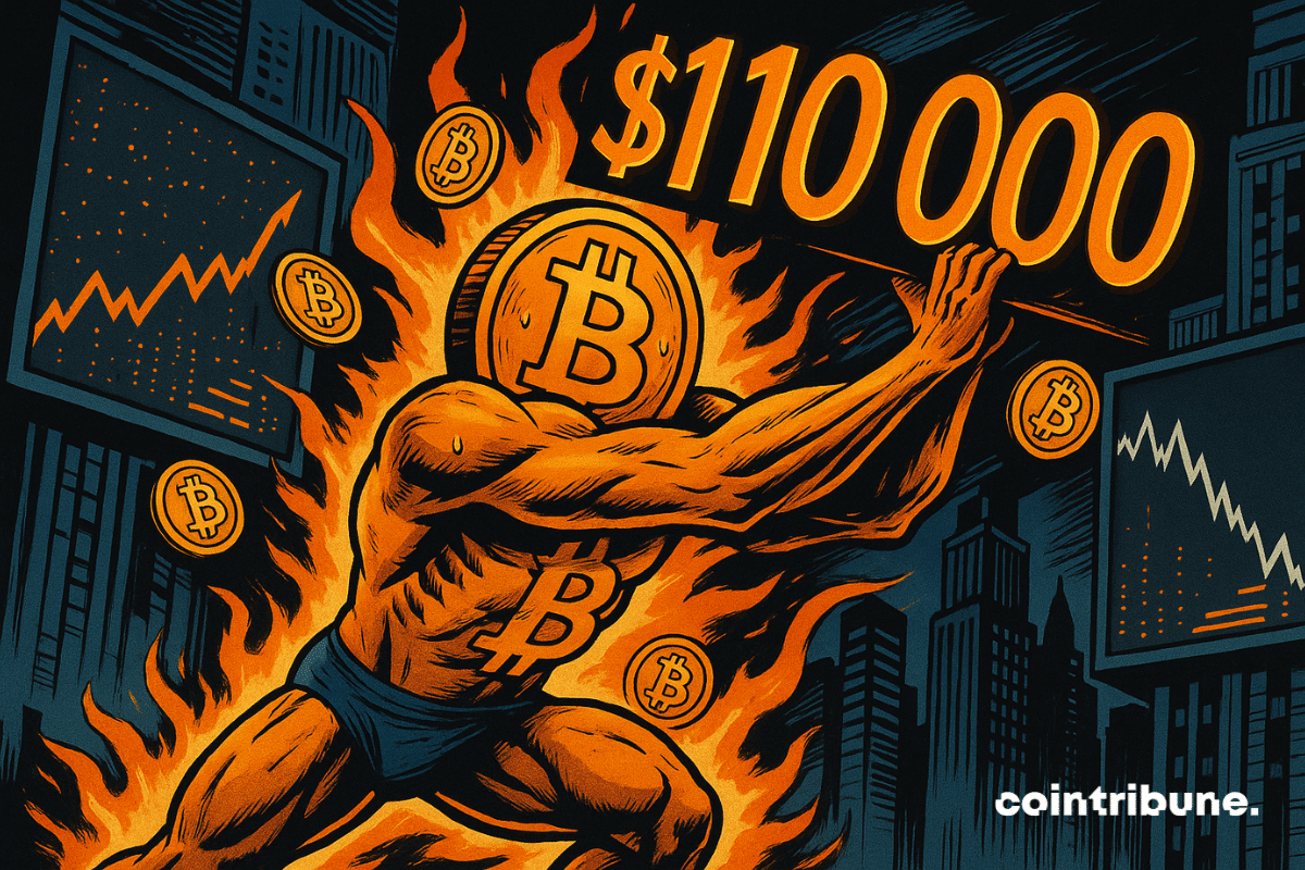 Bitcoin, personificado, lucha contra la resistencia de los 110.000 dólares, rodeado de llamas y gráficos en una ciudad futurista.