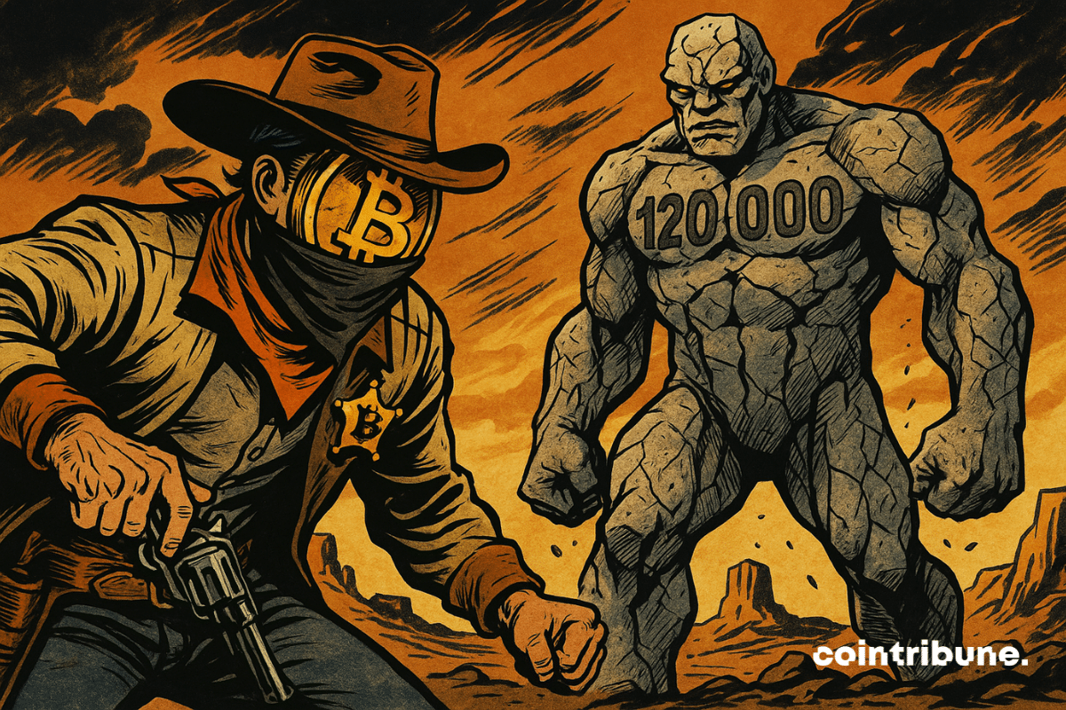Vaquero armado de Bitcoin se enfrenta a un coloso de piedra "120000" en un desierto tormentoso, tensión extrema, atmósfera dramática de cómic.