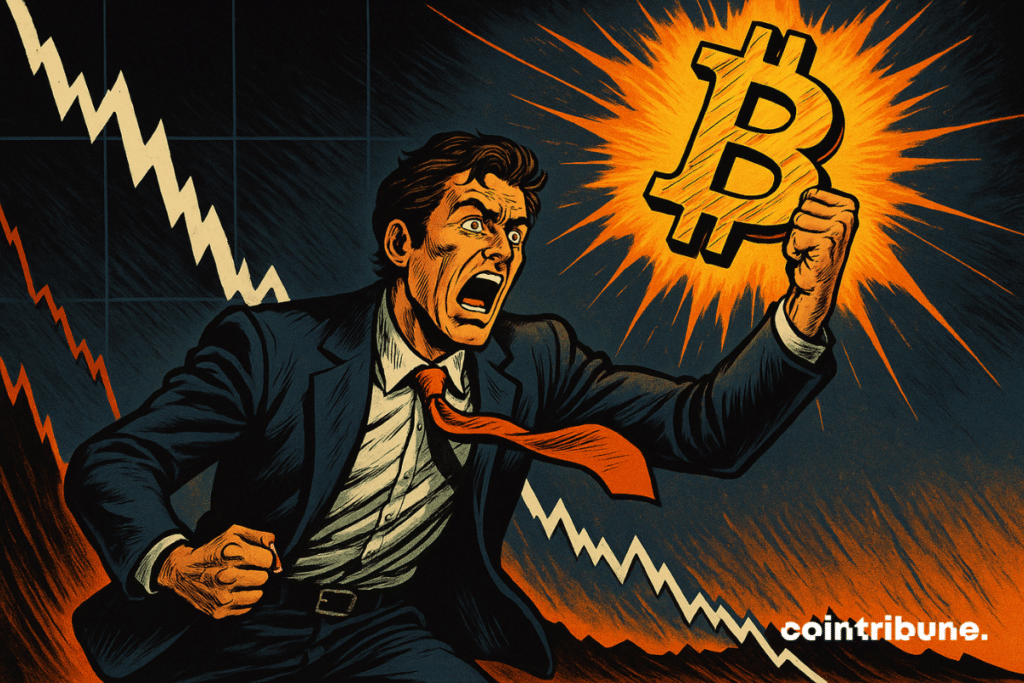 A panicked businessman holds a glowing Bitcoin, while a stock chart drops dramatically, symbolizing market tension.