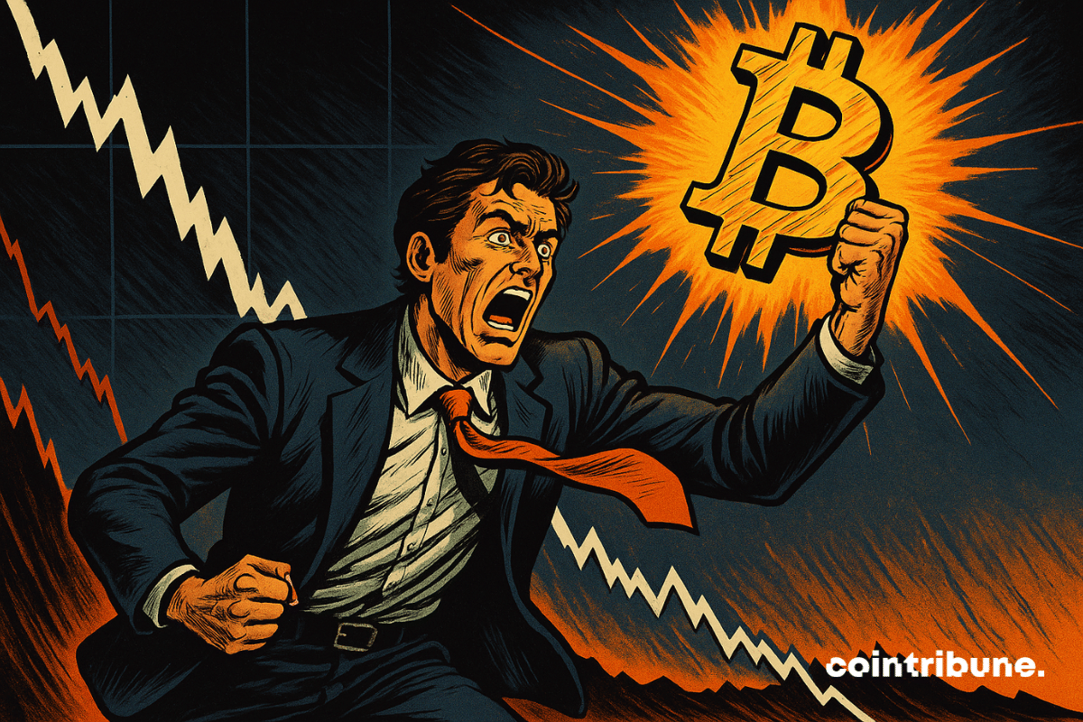 Un businessman paniqué tient un Bitcoin lumineux, tandis qu'un graphique boursier chute dramatiquement, symbolisant la tension du marché.