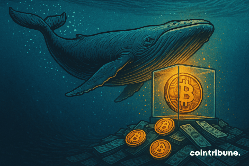 Illustration of a whale underwater next to a glowing Bitcoin encased in glass, surrounded by piles of money.