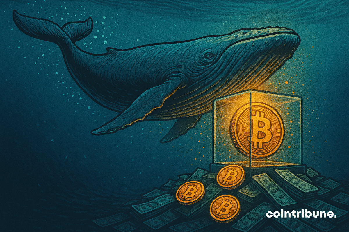 Illustration d'une baleine sous l'eau à côté d'un Bitcoin lumineux enfermé dans du verre, entouré de piles d'argent.