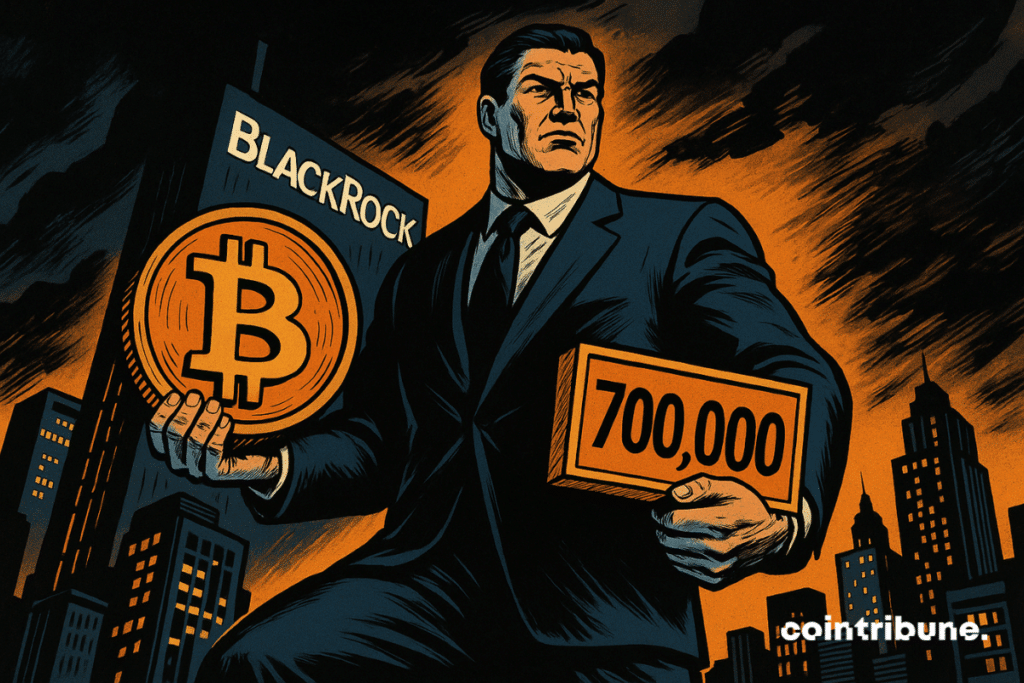 Um grande empresário segura um Bitcoin e uma placa "700.000" em um cenário urbano dominado pela BlackRock.