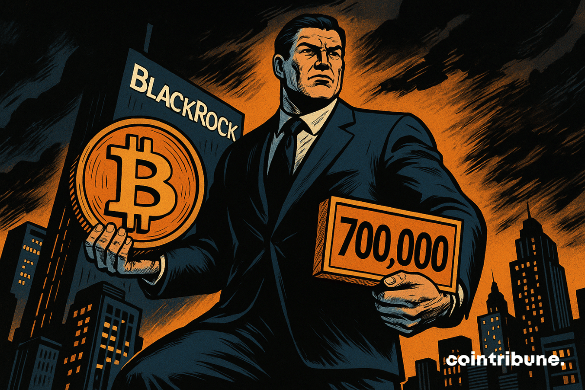 A giant businessman holds a Bitcoin and a "700,000" sign against a cityscape backdrop dominated by BlackRock.