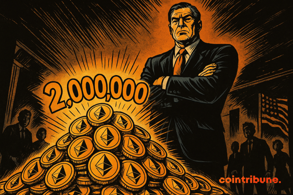 Un homme d'affaires imposant surveille une montagne de jetons Ethereum brillants, chiffre 2 000 000 illuminé, ambiance sombre et puissante.