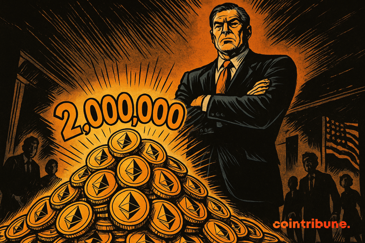Un homme d'affaires imposant surveille une montagne de jetons Ethereum brillants, chiffre 2 000 000 illuminé, ambiance sombre et puissante.