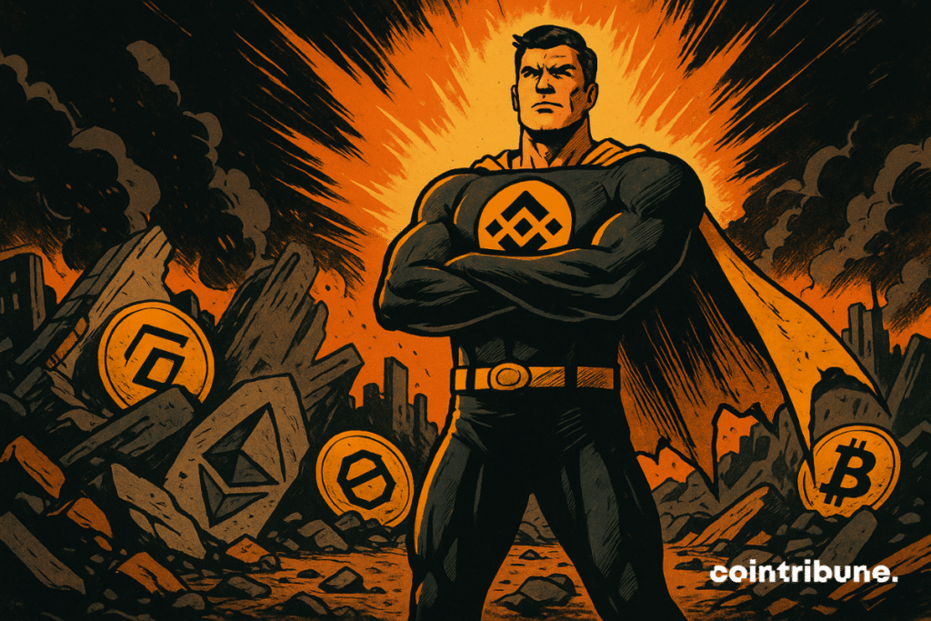 Le BNB en super-héros dominant un champ de ruines crypto.
