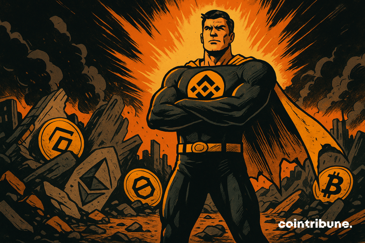 Le BNB en super-héros dominant un champ de ruines crypto.
