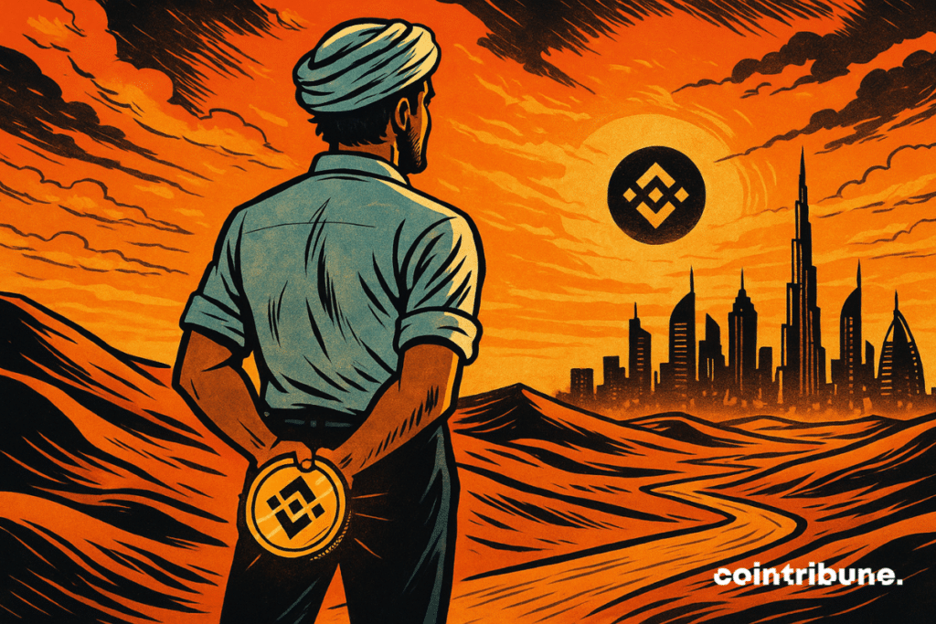 Um investidor cripto observa a cidade das dunas, com o BNB da Binance na mão.