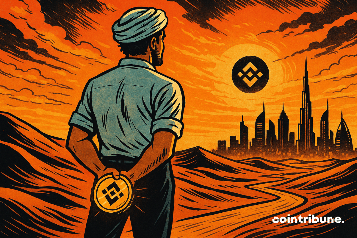 Um investidor cripto observa a cidade das dunas, com o BNB da Binance na mão.
