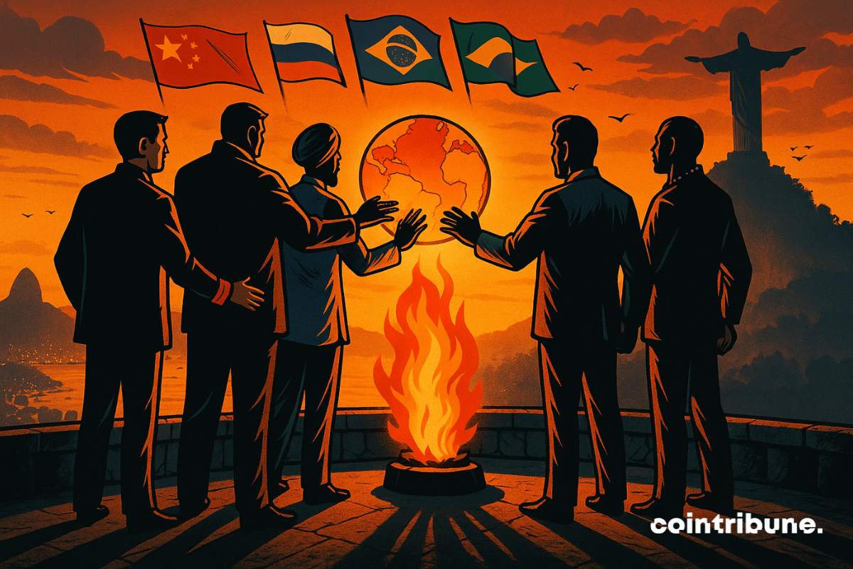 Cinco representantes do BRICS estão em uma sacada elevada de pedra com vista para a cidade do Rio de Janeiro. Eles estendem uma das mãos em direção ao globo, em um gesto de poder, unidade ou pacto. O globo estilizado e luminoso paira levemente, atravessado por finas rachaduras e iluminado por uma discreta fogueira abaixo. Ele simboliza tanto a aliança quanto a fragilidade do mundo atual.