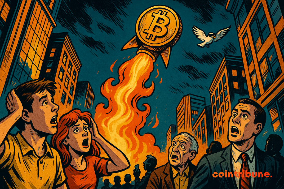 A Bitcoin-shaped rocket launches into a vivid orange sky above a city as shocked bystanders watch from the street.
