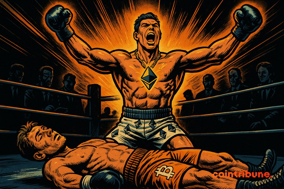 A muscular boxer with an Ethereum logo pendant raises his fists in victory while a defeated boxer with Bitcoin logos lies on the ring floor, all in a vintage 1970s comic book style.