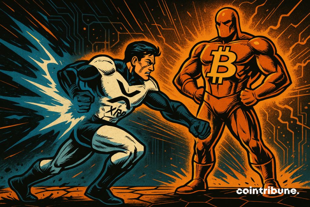 Ilustración de estilo cómic de los años 70 que muestra a XRP atacando a Bitcoin en un choque de criptomonedas, atmósfera futurista digital, alta tensión visual.