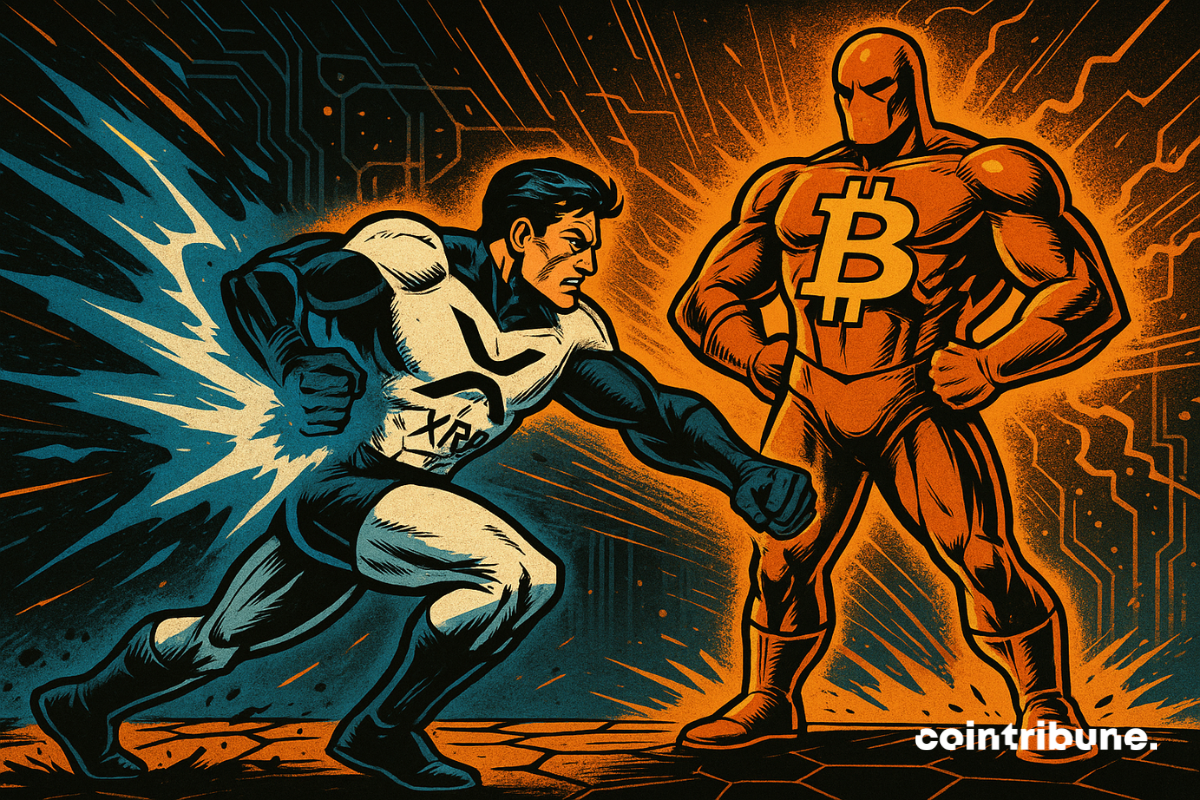 Ilustración de estilo cómic de los años 70 que muestra a XRP atacando a Bitcoin en un choque de criptomonedas, atmósfera futurista digital, alta tensión visual.