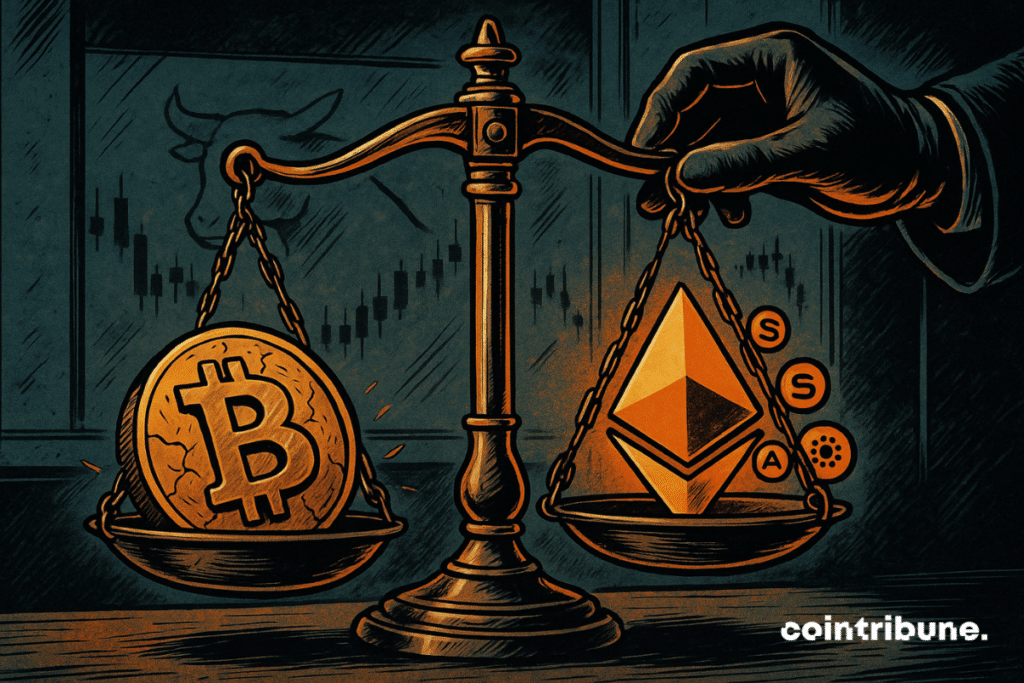 A vintage comic-style illustration showing a balance scale with a cracked Bitcoin logo sinking on one side and glowing altcoin symbols rising on the other, against a dark financial backdrop.