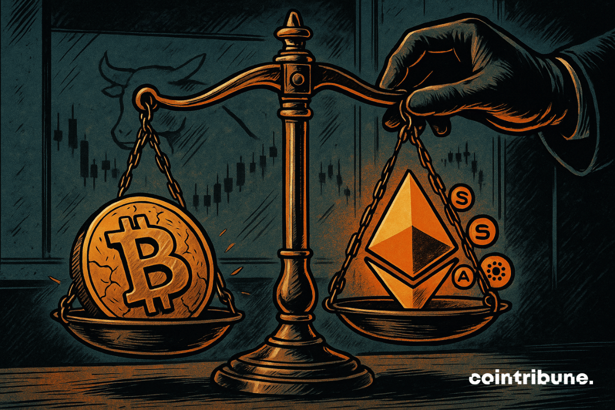 A vintage comic-style illustration showing a balance scale with a cracked Bitcoin logo sinking on one side and glowing altcoin symbols rising on the other, against a dark financial backdrop.