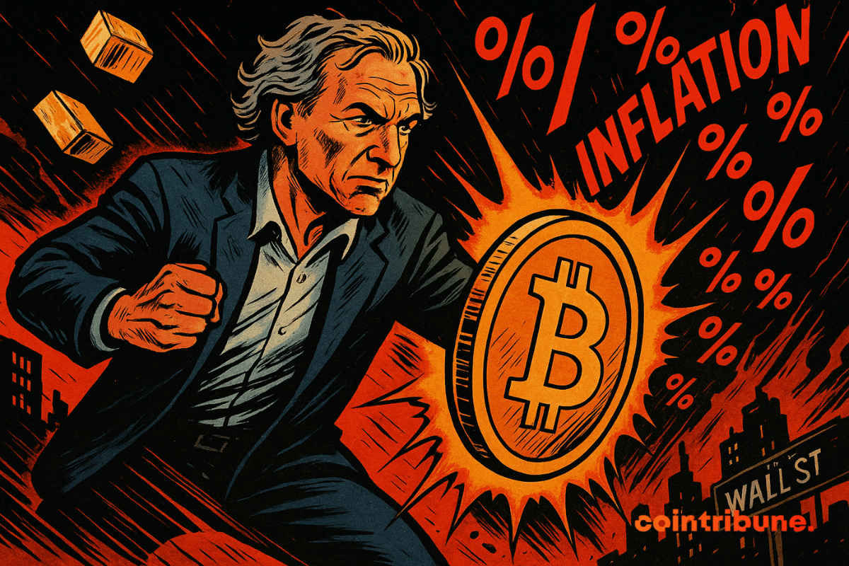 An older man in a suit uses a glowing Bitcoin shield to block a barrage of red inflation symbols and falling gold bars, with collapsing buildings and a “Wall St” sign in the background.
