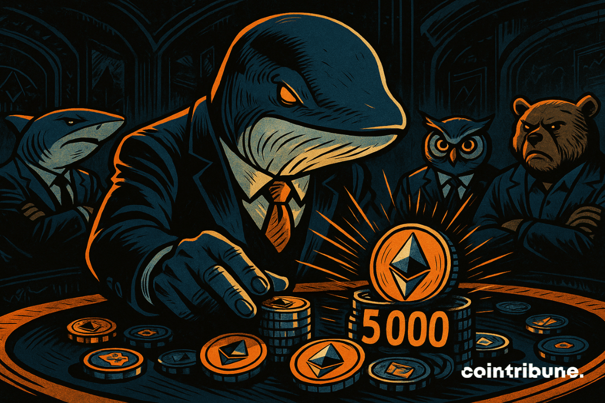 A humanoid figure with a whale’s head, massive and imposing, dressed in a dark suit. Seated, it pushes a pile of giant Ethereum tokens to the center of the table.