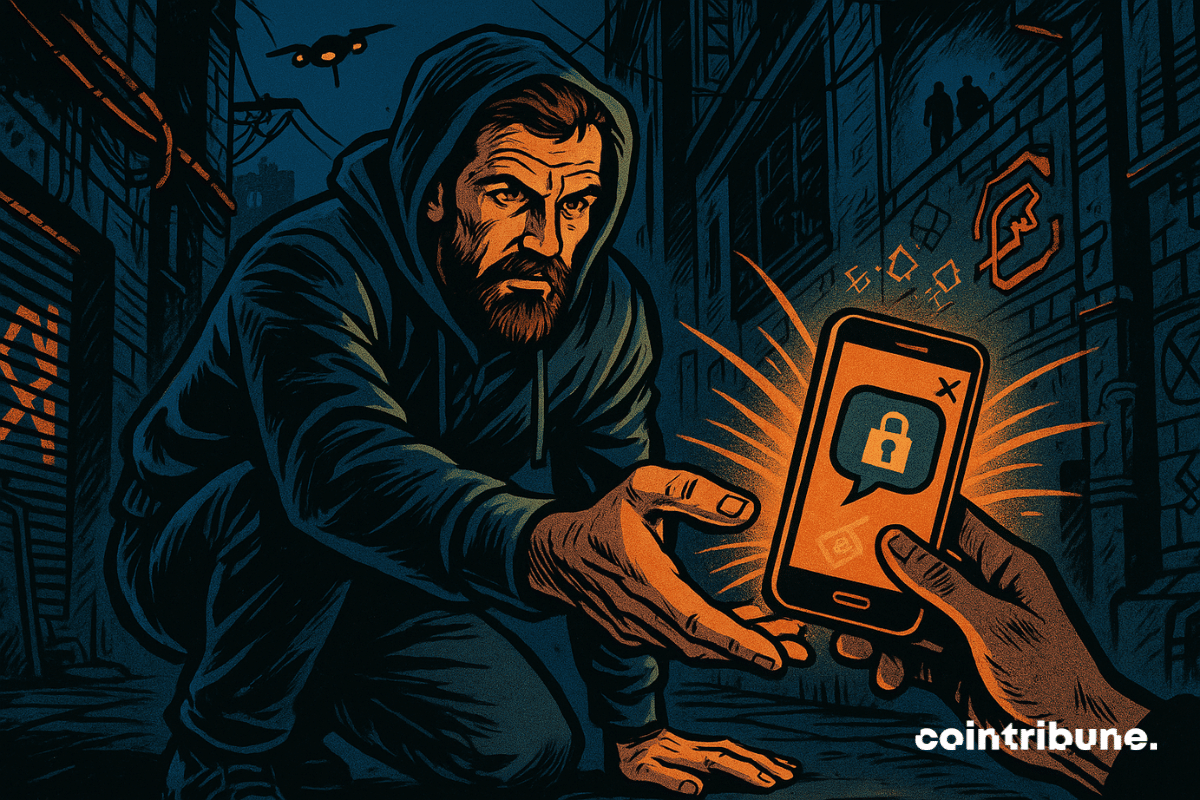 A bearded man in a hoodie crouches in a dark alley, handing a glowing smartphone with a locked message icon to another person, while surveillance drones and shadowy figures loom in the background.