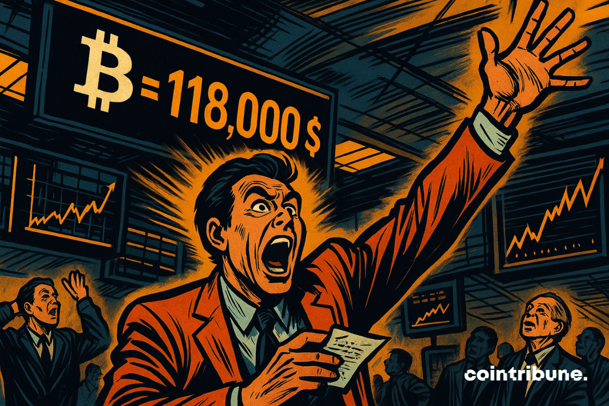 Un trader en costume orange hurle de stupeur en levant le bras, figé dans une expression d’euphorie totale. Devant lui, un écran géant affiche le prix du Bitcoin : **118 000 $**. Autour, d’autres traders réagissent avec sidération, tandis que des courbes de marché explosent à l’arrière-plan dans une ambiance électrique et saturée d’orange. Le style néo-rétro façon comics 70s renforce la tension dramatique de la scène.