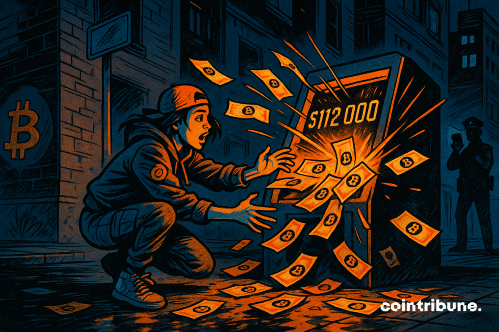 A young woman crouching in front of a high-tech, angular-shaped crypto ATM. The sleek digital machine features a glowing screen displaying "2,000" in flashing orange digits. Bills bearing the Bitcoin logo float around her.