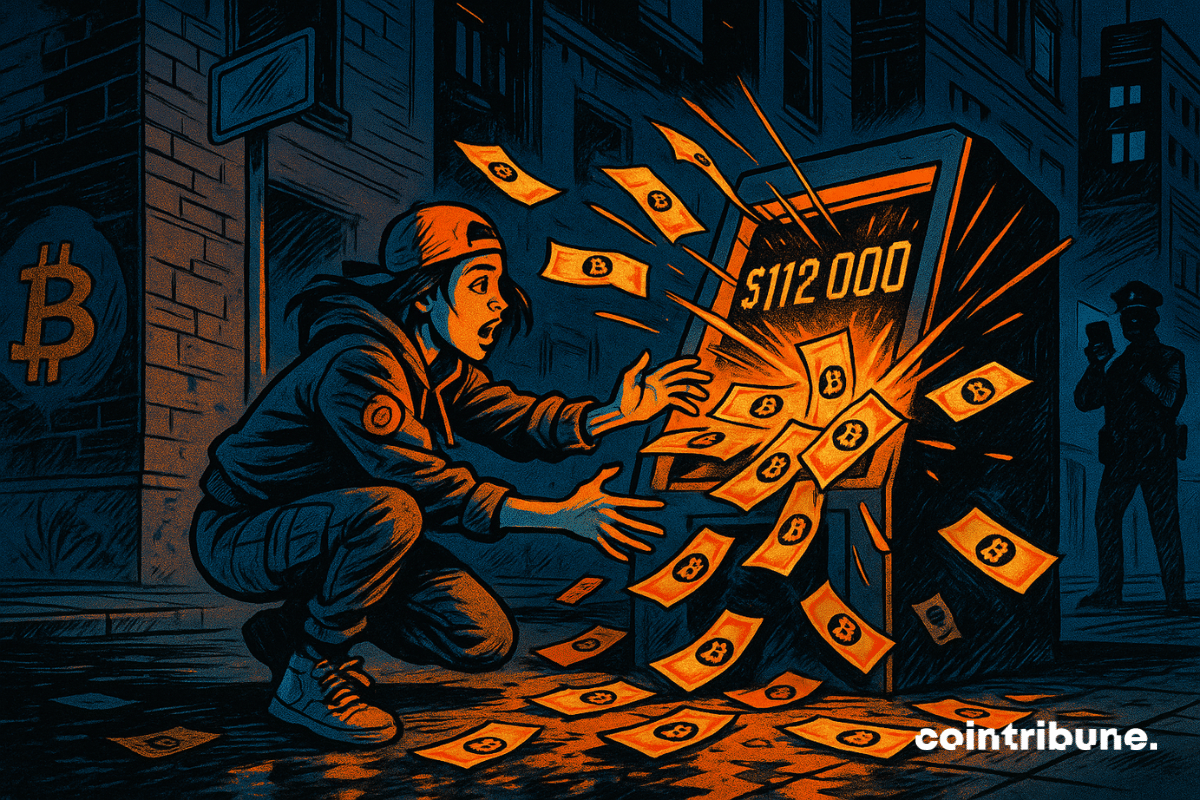 Une jeune femme accroupie devant un distributeur crypto high-tech aux formes angulaires. Le distributeur numérique stylisé, avec un écran lumineux affichant "112 000 $" en chiffres digitaux oranges et clignotants. Les billets arborent le logo Bitcoin et flottent autour.