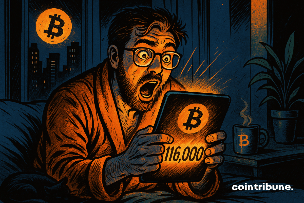 Un investisseur est assis sur le bord de son lit, penché vers l’écran qu’il tient à deux mains. La tablette est brillante avec l’interface d’un portefeuille crypto affichant une valeur en surbrillance : 116 000. Le logo du Bitcoin est affiché sur le coin supérieur de l’écran.