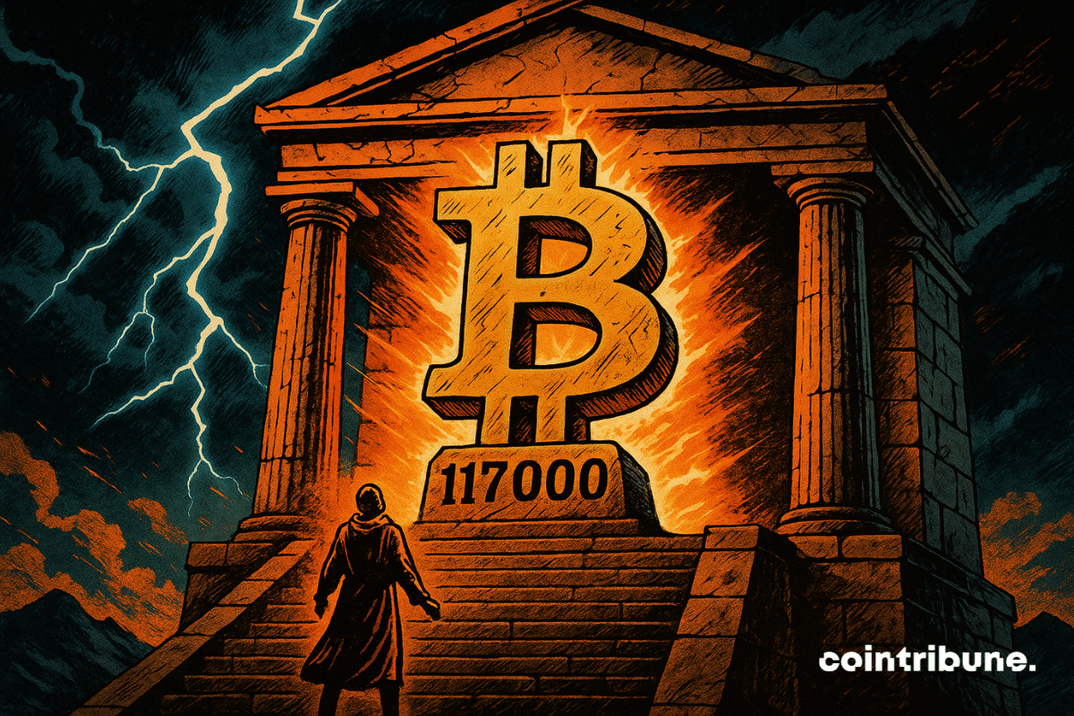 Un investisseur bouche bée en bas des marches observant une statue du Bitcoin gravée « 117 000 ».