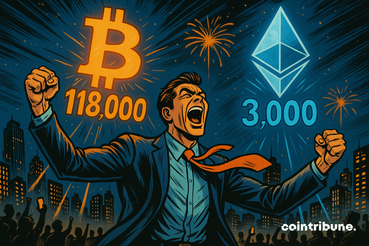 Euphoric man in suit on a city rooftop, arms raised, surrounded by glowing symbols of Bitcoin (118000) and Ethereum (3000)