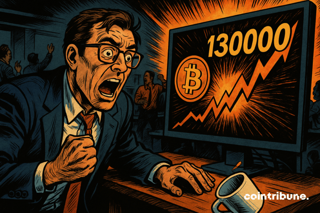 A stunned analyst in a suit stares at a screen displaying Bitcoin at 0,000.