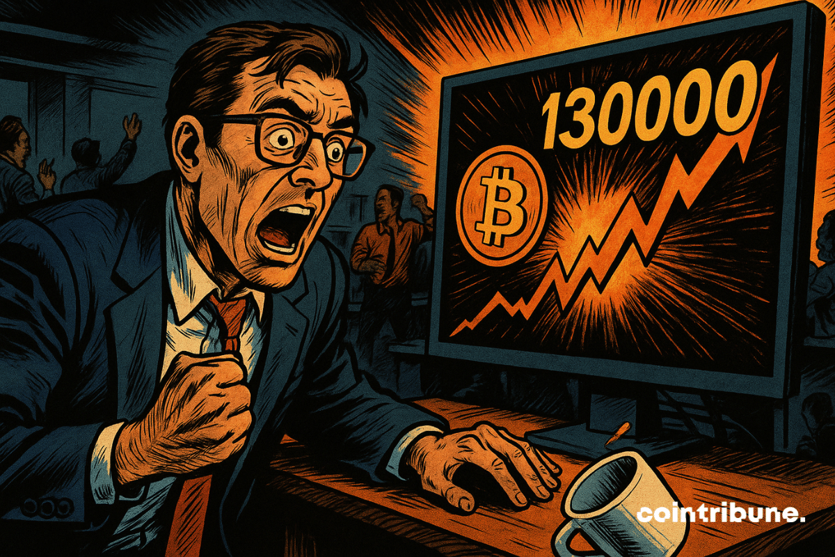 Um analista de terno, surpreso, encara uma tela exibindo o Bitcoin a 130.000 dólares.