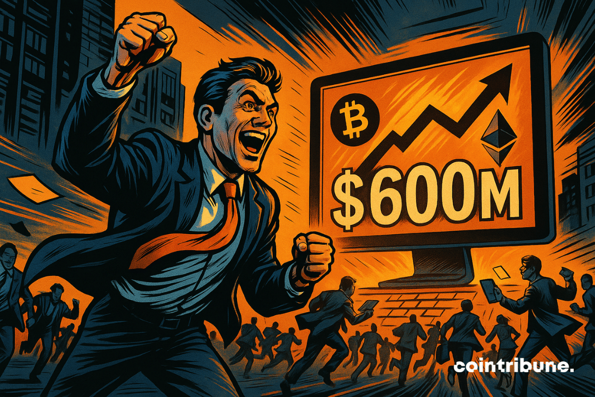 A euphoric trader rushes toward a screen displaying "0M," surrounded by Bitcoin and Ethereum logos