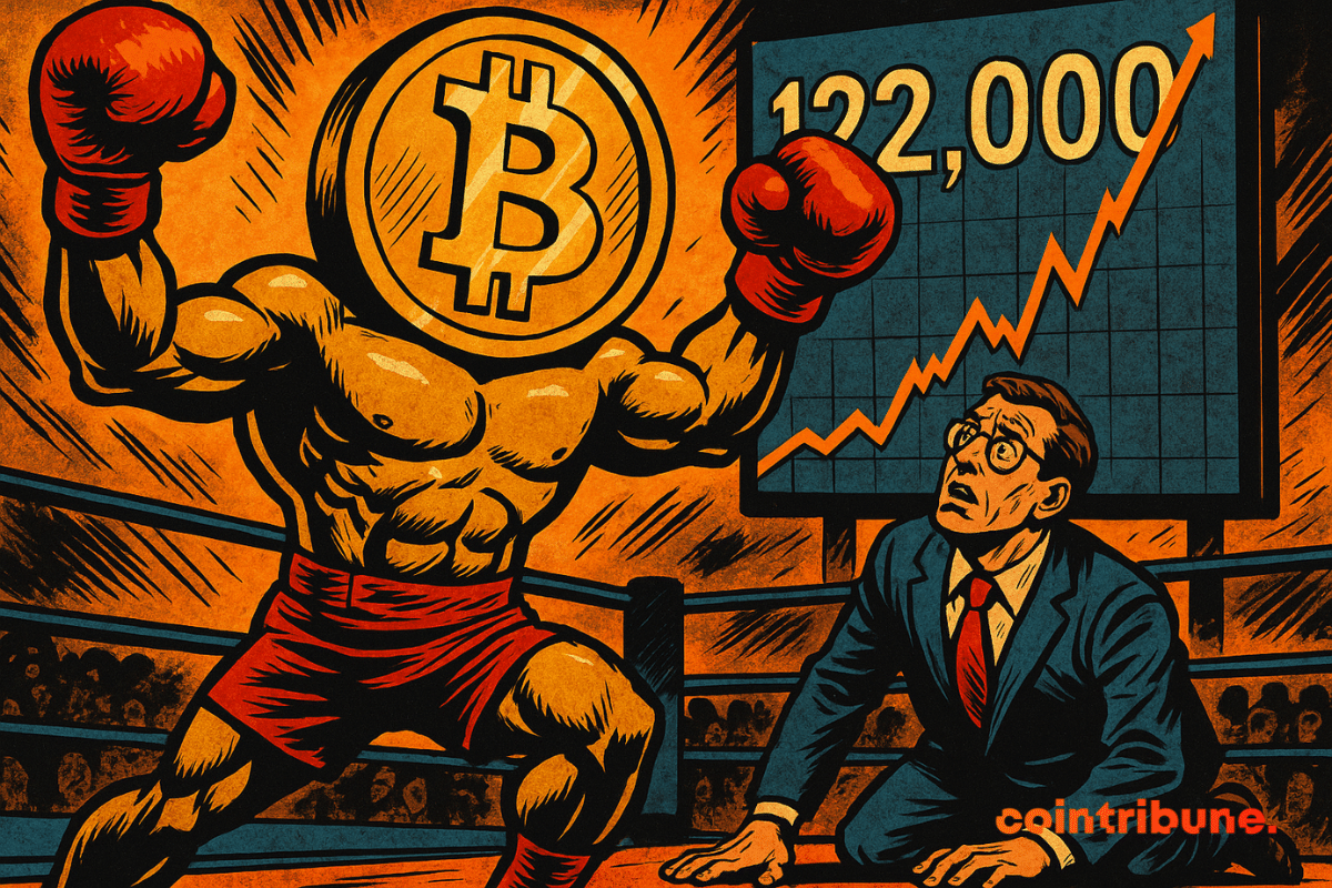 Illustration d'un Bitcoin triomphant dans un ring, ganté comme un boxeur,.